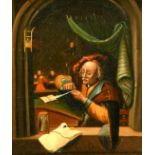 AFTER GERRIT DOU. A schoolmaster sharpening his quill, oil on metal, 8.5" x 7".
