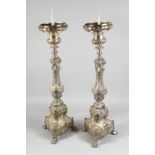 A GOOD PAIR OF CONTINENTAL SILVER PLATE PRICKET CANDLESTICKS. 30ins high.