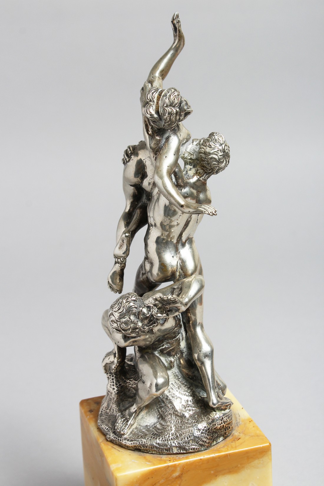 A SUPERB SILVER GROUP OF A CLASSICAL SCENE, TWO MEN AND A NUDE. 10ins high on a marble base. - Image 4 of 10