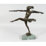 A BRONZE DECO DANCER holding a sword and a shield, on a marble base. 20ins high.