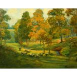 WILLIAM THORNTON BROCKLEBANK. (1882-1970), A tree lined river landscape with a shepherd and flock of