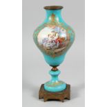 A 19TH CENTURY SEVRES BLUE GROUP LAMP BASE with painted reverse panels of young lovers and