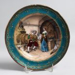 A SUPERB 19TH CENTURY VIENNA ENAMEL PLATE painted with an interior scene, a young lady serving a man
