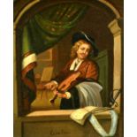 AFTER GERRIT DOU. Violinist at the window, oil on metal. 8.5" x 6.75".