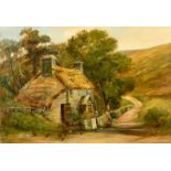 WILLIAM PITT. (19th Century) A pretty thatched country cottage with flowers, women chatting and