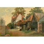 MID 20TH CENTURY. A row of farm buildings with a seated figure holding a baby, oil on canvas, 12"