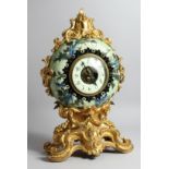 A VERY GOOD UNUSUAL FRENCH PORCELAIN AND ORMOLU MANTLE CLOCK, by L. P. JAPY et. CIE, of circular