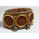A RARE BLACK FOREST OVAL CARVED WOOD AND GILT JEWEL BOX the top with large floral carved wood