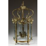 A VERY GOOD BRASS AND ENGRAVED GLASS CIRCULAR HANGING LANTERN. 25ins high, 14ins diameter.