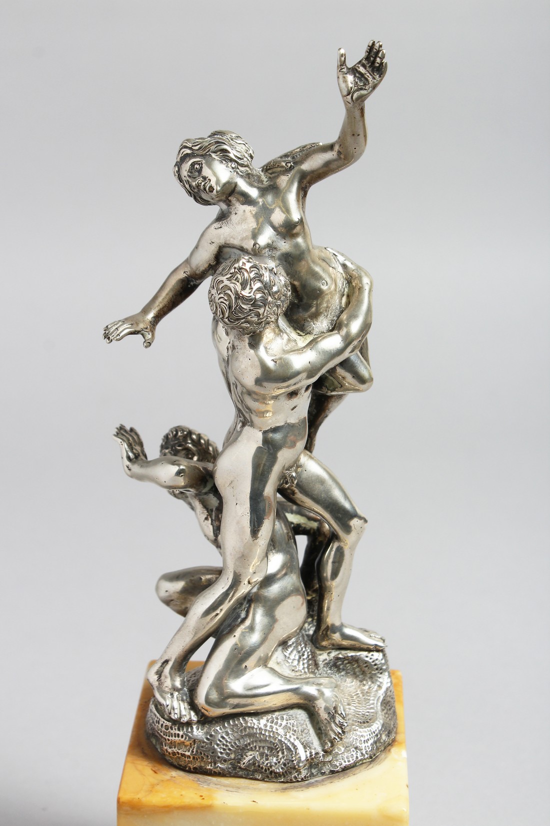 A SUPERB SILVER GROUP OF A CLASSICAL SCENE, TWO MEN AND A NUDE. 10ins high on a marble base. - Image 2 of 10
