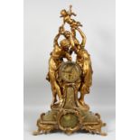 A VERY GOOD 1920'S FRENCH GILT METAL AND ONYX CLOCK with two classical female figures holding a