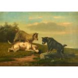 19TH CENTURY ENGLISH SCHOOL. Three dogs in an open landscape, oil on canvas, 8" x 12".