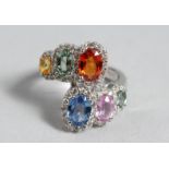 A GOOD 18CT WHITE GOLD MULTICOLOURED SAPPHIRE RING.