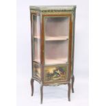 A SMALL LOUIS XVI STYLE VITRINE with brass grill and painted glass sides, on curving legs. 4ft