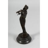 A BRONZE STANDING GIRL playing a violin.