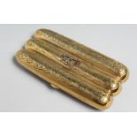 A GOOD RUSSIAN SILVER GILT THREE COMPARTMENT CIGAR HOLDER with engraved decoration. Faberge mark,