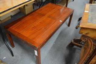 A mahogany rectangular coffee table.