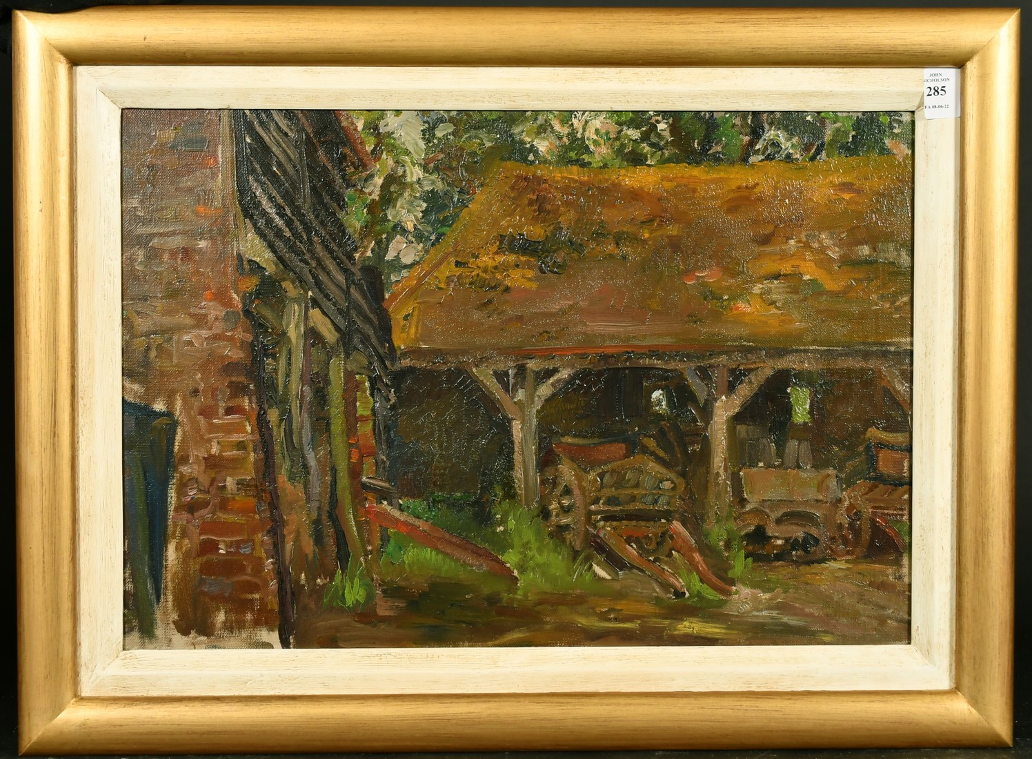 EARLY 20TH CENTURY SCHOOL. An old farm barn with carts and old car, oil on canvas, 14" x 20". - Image 2 of 3