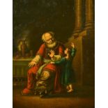18TH / 19TH CENTURY, MANNER OF REMBRANDT. A seated elderly gentleman with a child by his side, oil