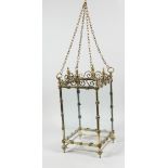 A VERY GOOD BRONZE SQUARE HALL LANTERN with urn finials, glass panels and hanging chain.