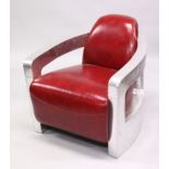 AN UNUSUAL ART DECO STYLE ALUMINIUM AND RED LEATHER UPHOLSTERED ARMCHAIR