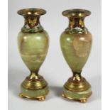 A GOOD SMALL PAIR OF ALABASTER AND CLOISONNE ENAMEL VASES with gilt mounts. 6.5ins high.