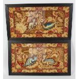 A PAIR OF 19TH CENTURY GROS POINT CHINOISERIE DESIGN EMBROIDERY, framed and glazed. 24ins x 13ins.
