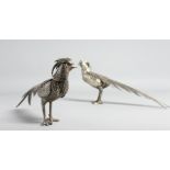 A PAIR OF SPANISH SILVER PHEASANT TABLE PIECES. 10ins long.