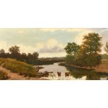 E. LANCASTER. Circa 1887. Near Boxhill, Surrey, a scene of an angler and cattle by a river, oil on