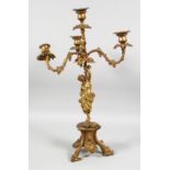 A GOOD 19TH CENTURY FRENCH GILDED BRONZE CANDELABRA with a classical female figure holding three