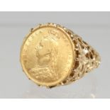 A VICTORIAN HALF GOLD SOVEREIGN RING, 1892.