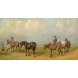 19TH CENTURY ENGLISH SCHOLL. Figures moving horses in an open landscape, oil on board, 8" x 16".