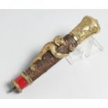 A SUPERB RUSSIAN SILVER GILT CANE HANDLE with a monkey. 16cm long Faberge Mark I P. .84 in a Faberge