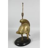 AN INTERESTING BRASS FIREMAN'S HELMET as a lamp 17ins high.