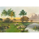 19TH CENTURY ENGLISH SCHOOL. Monogram V. W. A shepherd and his flock by a river. Oil on canvas,