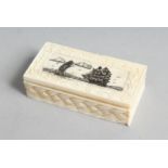 A HAND CARVED BONE BOX with ocean scenes. 2.25ins long