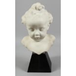 A GOOD ITALIAN CARVED WHITE MARBLE BUST OF A CHILD. 11ins high.