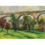 HALL. 20th Century British School, a view of a viaduct in Wales, oil on canvas. signed, 18" x