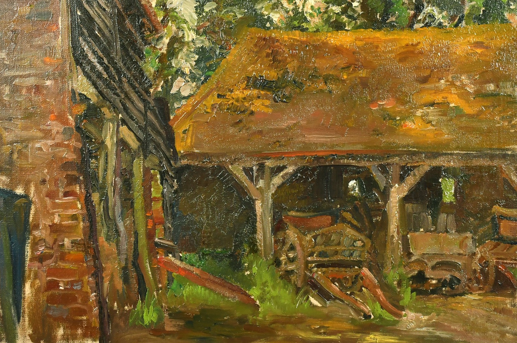 EARLY 20TH CENTURY SCHOOL. An old farm barn with carts and old car, oil on canvas, 14" x 20".