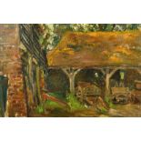 EARLY 20TH CENTURY SCHOOL. An old farm barn with carts and old car, oil on canvas, 14" x 20".