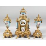 A GOOD 19TH CENTURY FRENCH GILDED METAL THREE PIECE GARNITURE with painted porcelain panels. Clock