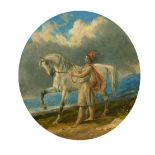 19TH CENTURY. A roundel of a male figure and his horse in a landscape, oil on board. Indistinctly