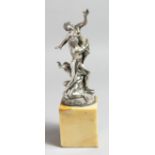 A SUPERB SILVER GROUP OF A CLASSICAL SCENE, TWO MEN AND A NUDE. 10ins high on a marble base.