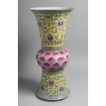 A GOOD CHINESE YELLOW GROUND AND PINK VASE. 19ins high.