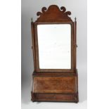A GOOD 18TH CENTURY WALNUT TOILET MIRROR, with folding mirror, 14ins x 10ins on a base with fall