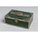 A SUPERB RUSSIAN SILVER AND JADE JEWEL BOX with Russian eagle and precious stones supported on