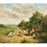 L. SHAYER. (20th Century). A cockerel and chickens in a farmyard, oil on canvas. Signed, 14" x 16".