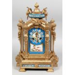 A GOOD 19TH CENTURY FRENCH GILT METAL AND SEVRES PORCELAIN PANEL CLOCK with blue dial painted with a