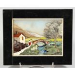 A SMALL ITALIAN PIETRA DURA PLAQUE depicting a cottage in a mountainous landscape with a figure by a