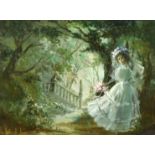 DEBORAH JONES. (1921-2012) British. A young bride in a moonlit woodland trail, oil on board, Signed,